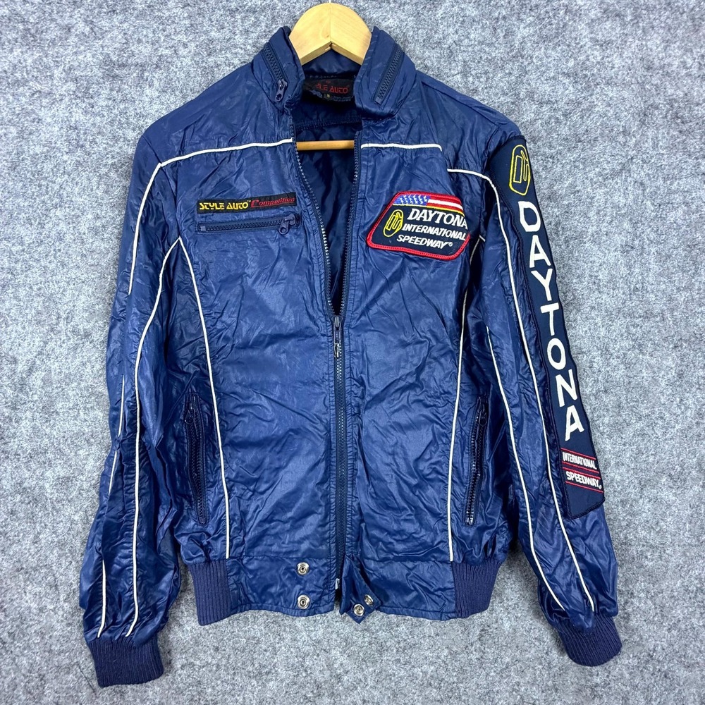 Vintage Style Auto Daytona International Speedway Racing Jacket Mens Small Blue